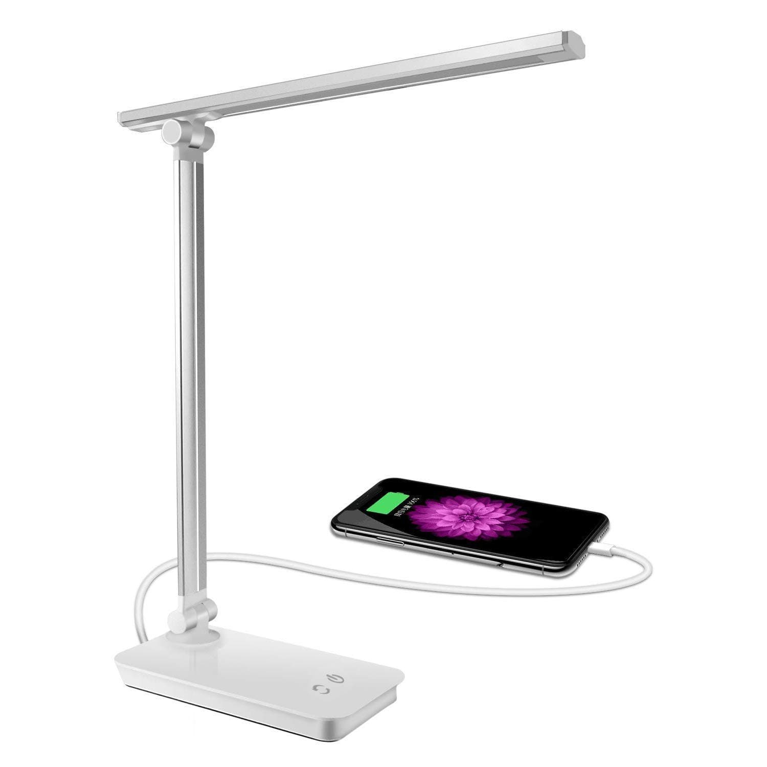 XIANRUI LED Desk Lamp Light, Dimmable Eye-Caring Folding Table Lamps with USB Charging Port,3 Lighting Models 5 Color Temperature Touch Control for Home Office Study Reading Bedroom Lamps (Silver)