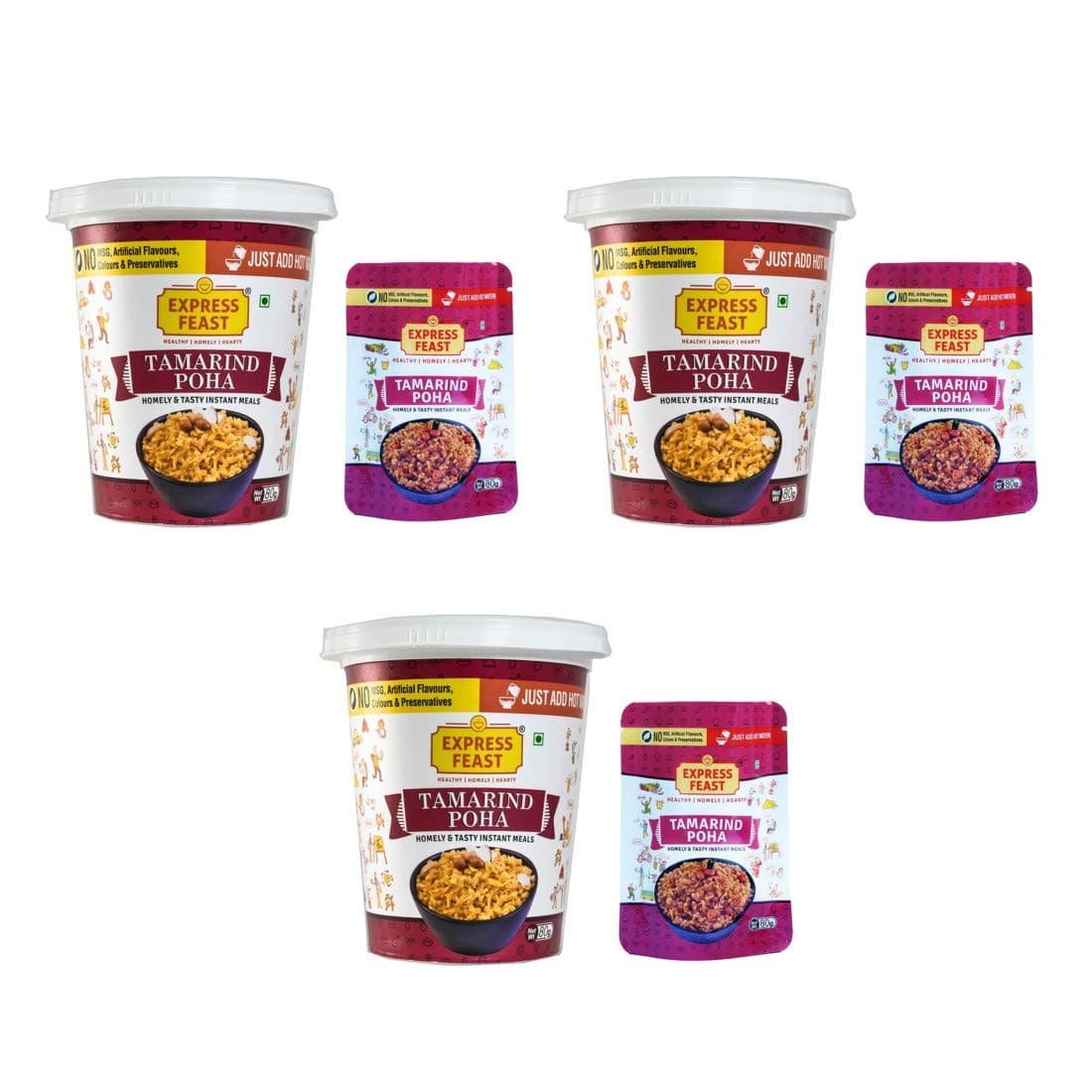Express Feast Tamarind Poha Cup & Refill| Instant Meal, Easy to Cook | No preservatives, no Artificial Colours 480g (Pack of 3)