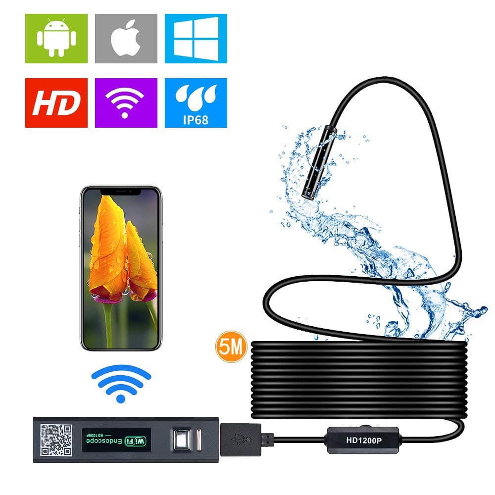 YSDRoyal 1200P Semi-rigid Wireless Endoscope, 2.0 MP HD WiFi Borescope Inspection Camera,16 inch Focal Distance & 600mAh Battery Snake Camera for Android & IOS Smartphone Tablet