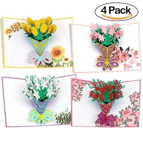 3D Pop Up Greeting Card for All Occasions Flower Pop Up Cards Mother's Day Springtime Birthday Card for All Occasions (4 flowers)
