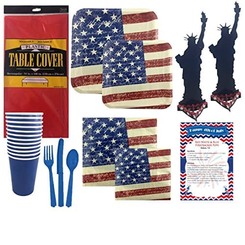 4th of July Disposable Premium Dinnerware Party Pack - Tried and True - Square Dinner and Dessert Plates, Napkins, Cups, Silverware, Centerpiece &amp; Table Cover Bundle (Serves 8)