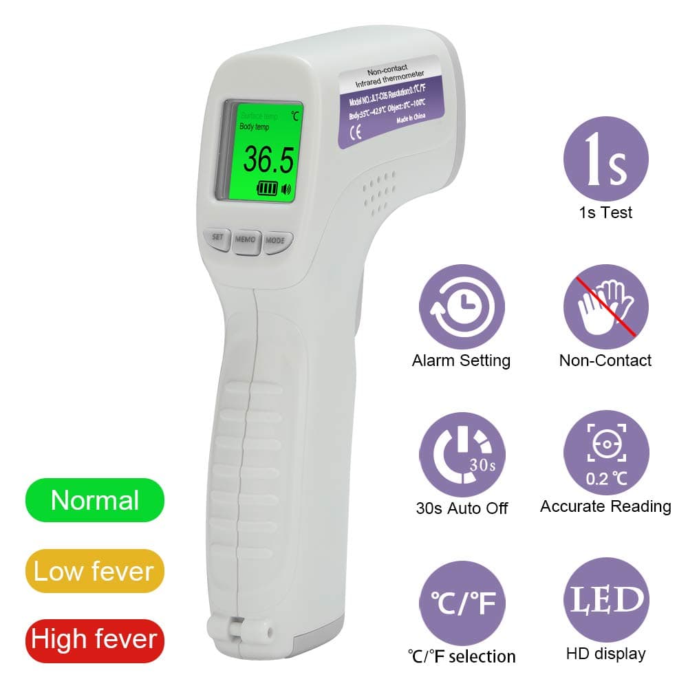 Infared Forhead Thermometer, Padcod No Contact Digital Infrared Body Thermometer Accurate Instant Readings LCD Screen Temperature Gun with Fever Alarm,32 Group Data Memory for Baby and Adults (Grey)