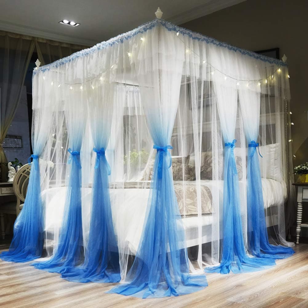 YQ WHJB 3 Openings Mosquito Net,4 Corners Post Canopy Bed Curtains For Double Bed Girls Square Drape Princess Netting Bedding With Lights-h 180x220cm(71x87inch)