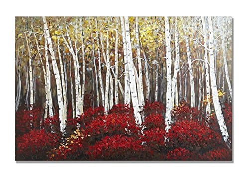 UAC WALL ARTS 100% Hand Painted Colorful Forest Canvas Wall Art White Birch Trees with the Gold Oil Painting for Room Decoration Ready to Hang! 16x24Inch