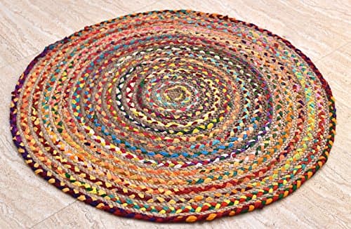 Hand Woven Reversible Jute &amp; Cotton Multi Color Braid Rag Rug - 3 Feet Round - This Rug is made from multi color re-cycled yarns, actual product may vary in color from the image shown