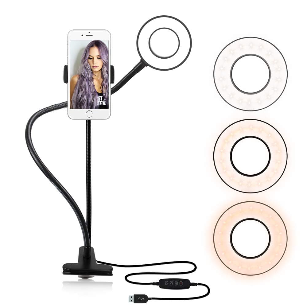 Selfie Ring Light with Cell Phone Holder Stand for Live Stream/Makeup/YouTube Video,GHodec LED Camera Light [3-Light Mode&10-Level Brightness] with Flexible Arms Compatible with iPhone/Android