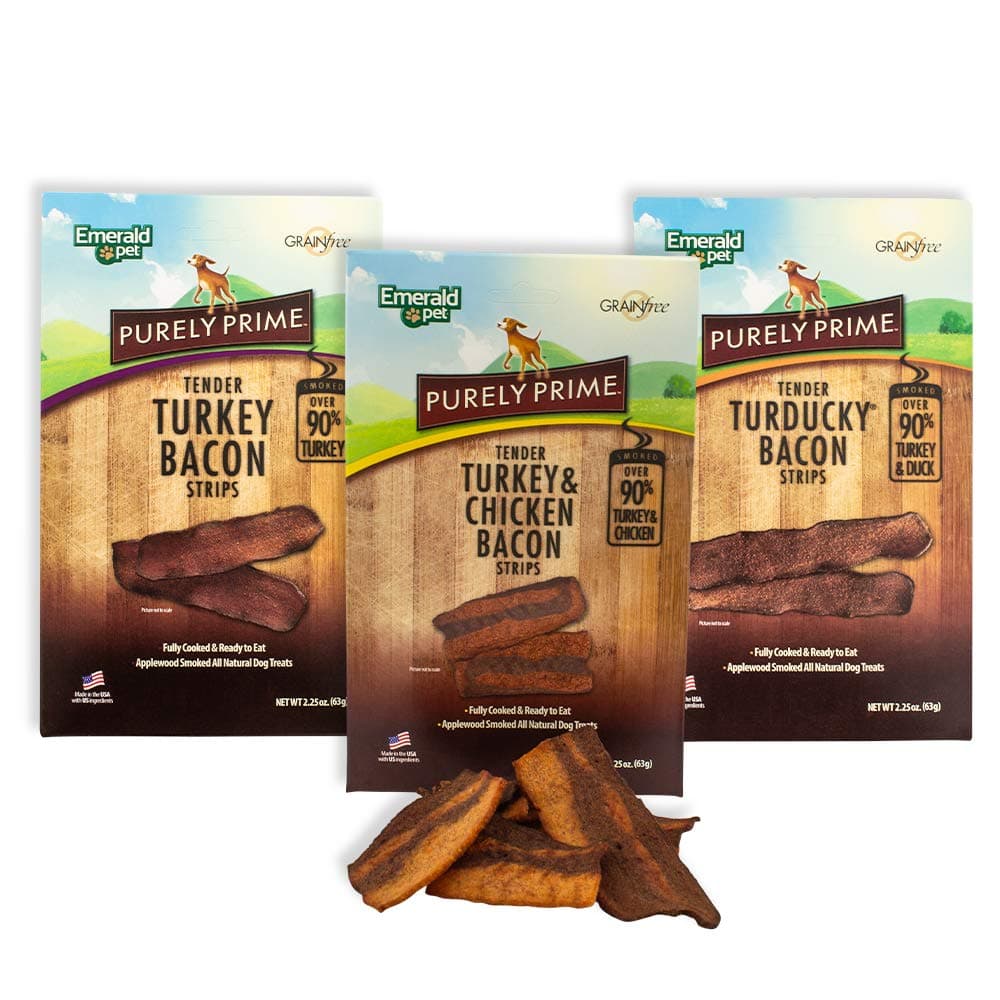 Emerald Pet - Purely Prime Tender Turkey Bacon Strips, All Natural, Grain Free, Gluten Free, Soy Free, Allergy Friendly, Over 90% Turkey (Turkey, Turducky, Turkey & Chicken, 2.25 oz) | 3-Pack