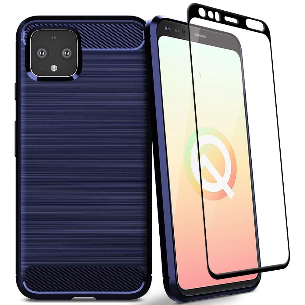 Leeyan Pixel 4 Case, Soft Lightweight Texture Carbon Fiber with Full Cover Tempered Glass Screen Protector, Thin Flexible Anti- Scratch Protective Case for Google Pixel 4 (Blue)