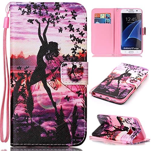 Galaxy S7 Edge Wallet Case iBerry Premium PU Leather Flip Samsung S 7 Edge Cover with [Card Slots] [Kickstand] and [Wrist Strap] Feature for Samsung Galaxy S7 Edge, Butterfly Girl
