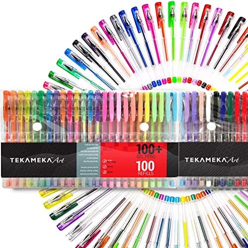 Tekameka Art Gel Pens Set 200 Pack (100 + 100 Refills) - Ink Pen Markers For Drawing And Adult Coloring Books
