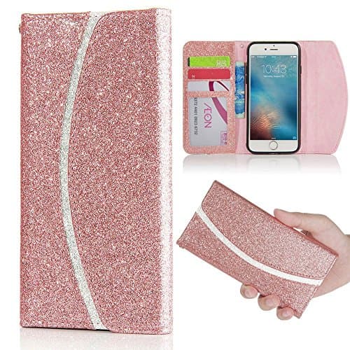 iPhone 5/5S/SE Case (4.0"), LCHULLE Luxury Bling Glitter Contrast Color Texture PU Leather Flip Case, Handbag Style with Magnetic Wallet Card Soft TPU Silicone Cover-Rose Gold