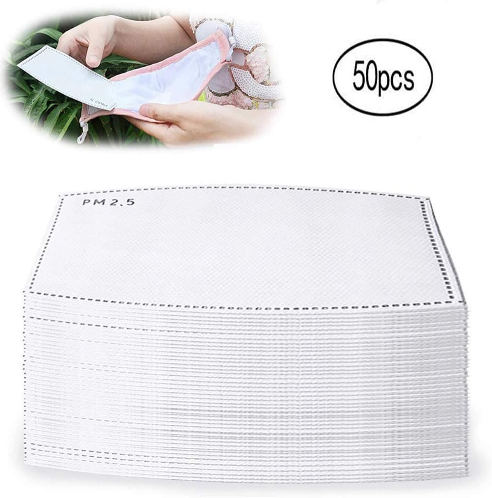 goldsen 50Pcs Activated Carbon Filter PM2.5, Replaceable Anti Haze Filter Paper for Face Màsk Filters, 5 Layer Mask Filter Insert Protective for Adult