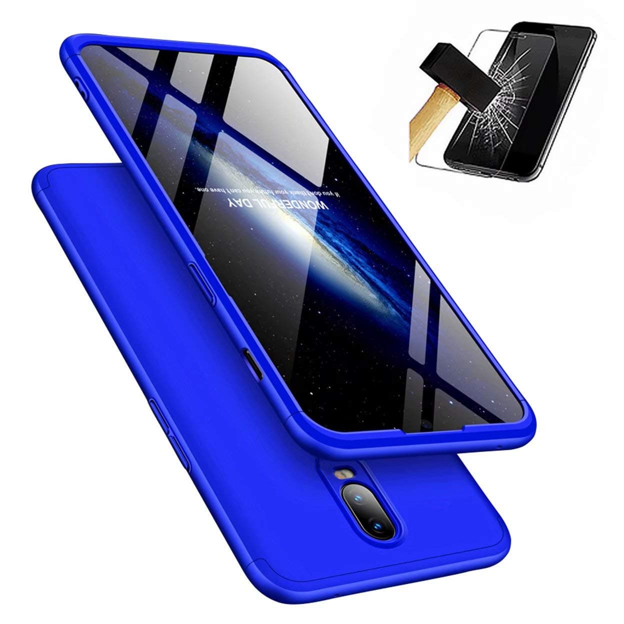 OnePlus 6T Case, Laixin 360° Full Body PC Protective Skin Cover with Tempered Glass Screen Protector Film Anti-fingerprint Shockproof Plastic Hard Phone Shell (Blue)