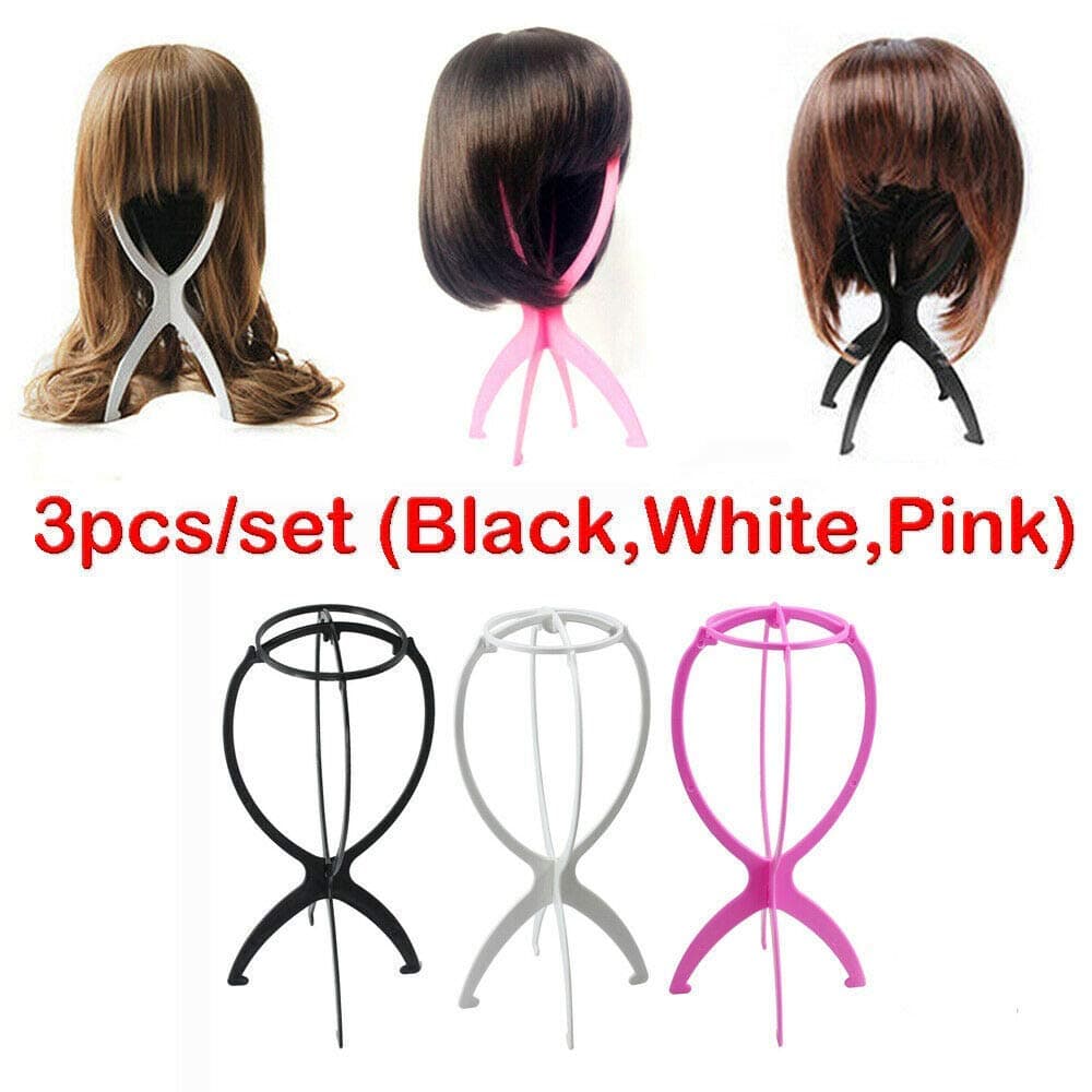 3PCS Black White Pink Wig Stand Set Holder Display Plastic Folding Dummy Hair Hat Cap Mannequin Short Wig Stands for Wigs, Collapsible Dryer, Durable Display Tool, Travel Stands