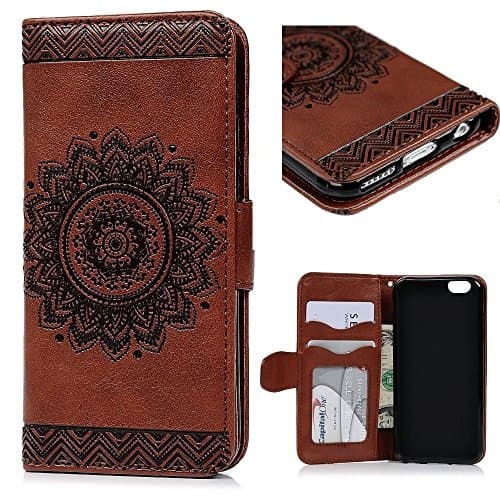 iphone 6s cover, iphone 6s case, Liberwill Wallet Cover PU leather Cover Kickstand Floral Pattern Credit Card Slots Protector for iphone 6 w/ Screen Protector Hand Strap (iphone 6 - Brown)