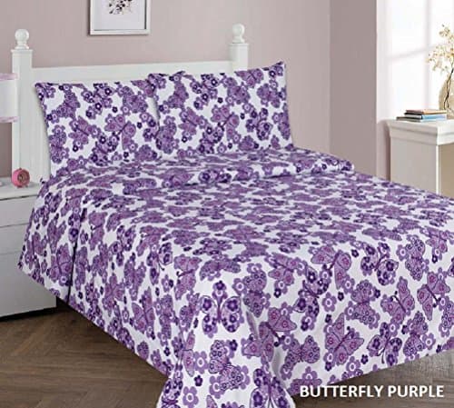 Jenin Kids Printed Sheet Set: Flat & Fitted Sheets with Pillow Cases. Choose from Butterfly, Dinosaur, Shark, Princess, Sports, Sailor Prints Twin or Full (Full, Butterfly Purple)