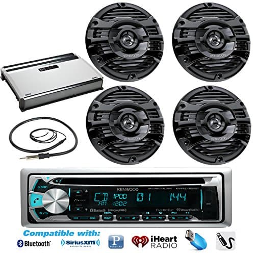 New Kenwood Marine Bluetooth CD MP3 USB AUX iPod iPhone Radio Stereo Player With 4 X 6.5" Inch Kenwood Marine Audio Speakers 4 Channel 360 Watts Marine Amplifier And Enrock Marine 45" Antenna - Complete Marine Outdoor Audio Package (Black)