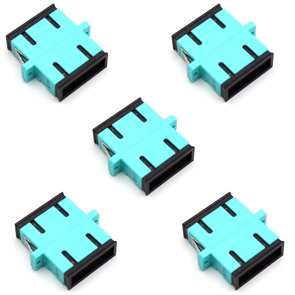 TEZONG SC/SC Multimode OM3 10GB Fiber Optic Cable Adapter,SC Female UPC Duplex Coupler Optic Extender Aqua 5 Pack