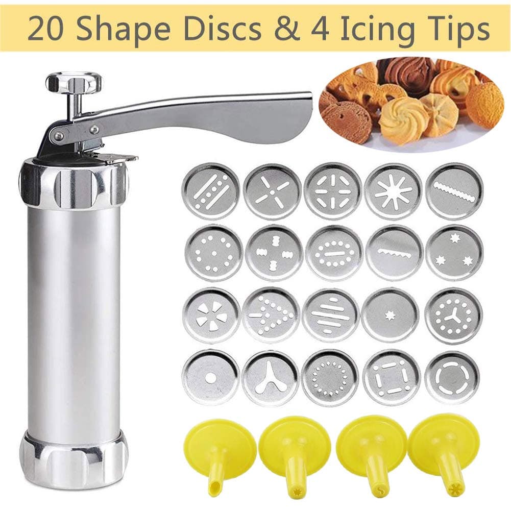 Wilove Cookie Press Gun Kit for DIY Biscuit Maker and Decoration with 20 Stainless Steel Cookie discs and 4 nozzles,Silver