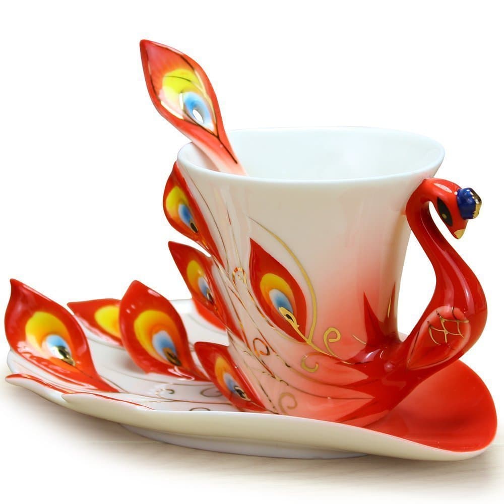 Yosou Home Personalized Unique Custom Design Porcelain Tea Cup and Saucer with Spoon Set Coffee Cup Mug 3D Peacock Theme Romantic Creative Gift -Red