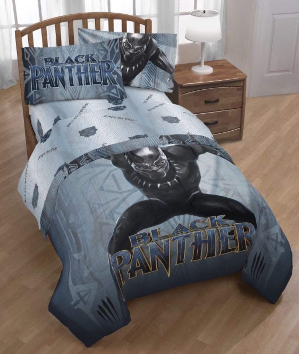 TN 4 Piece Kids Grey Blue Black Panther Sheet Set Full Sized, Childrens Marvel Bedding Cat Superhero Themed Action Movie Character Yellow, Polyester