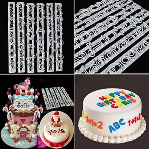 Zomup 6 Pcs Set Letters &amp; Numbers Cake Embossing Stencil Cookies Sugarcraft Fondant Bakeware Tray Decoration Cutter (White)