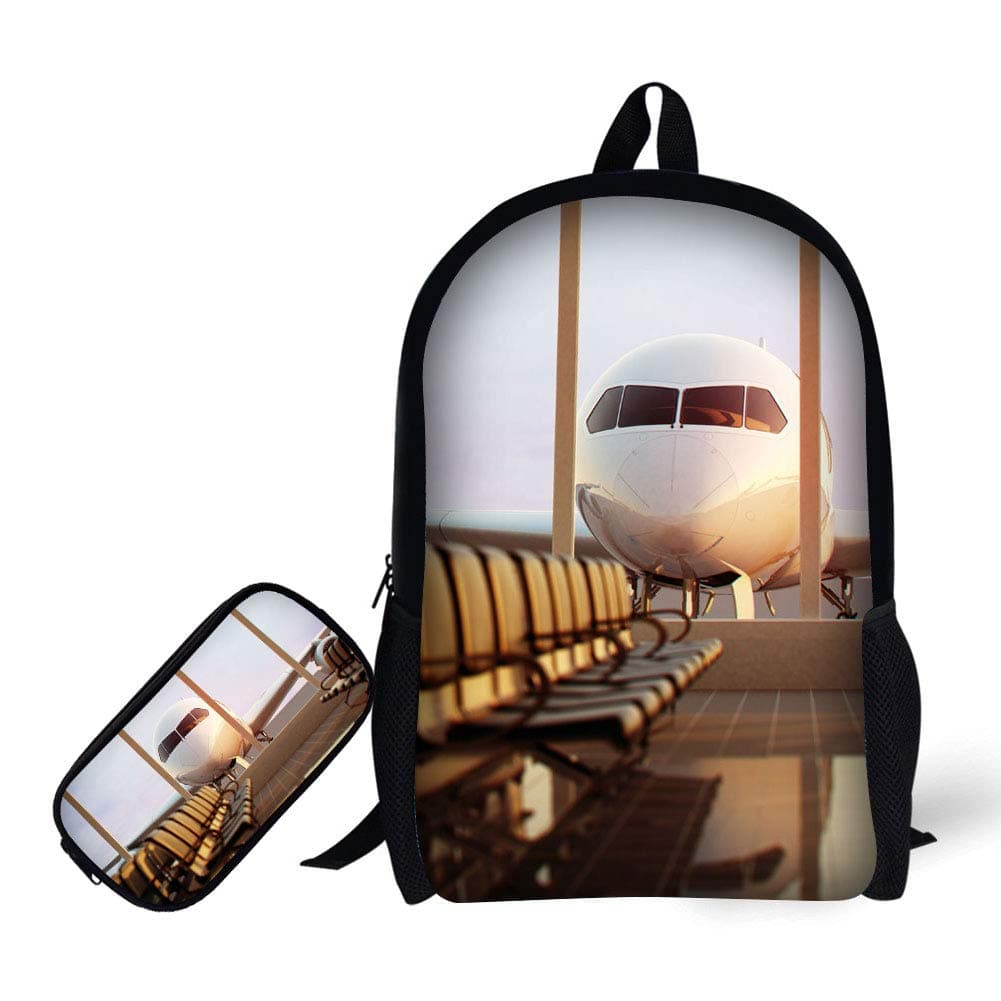 Students Backpack with Pencil Bag,17" Bookbag 3D Airplane Print for Kids