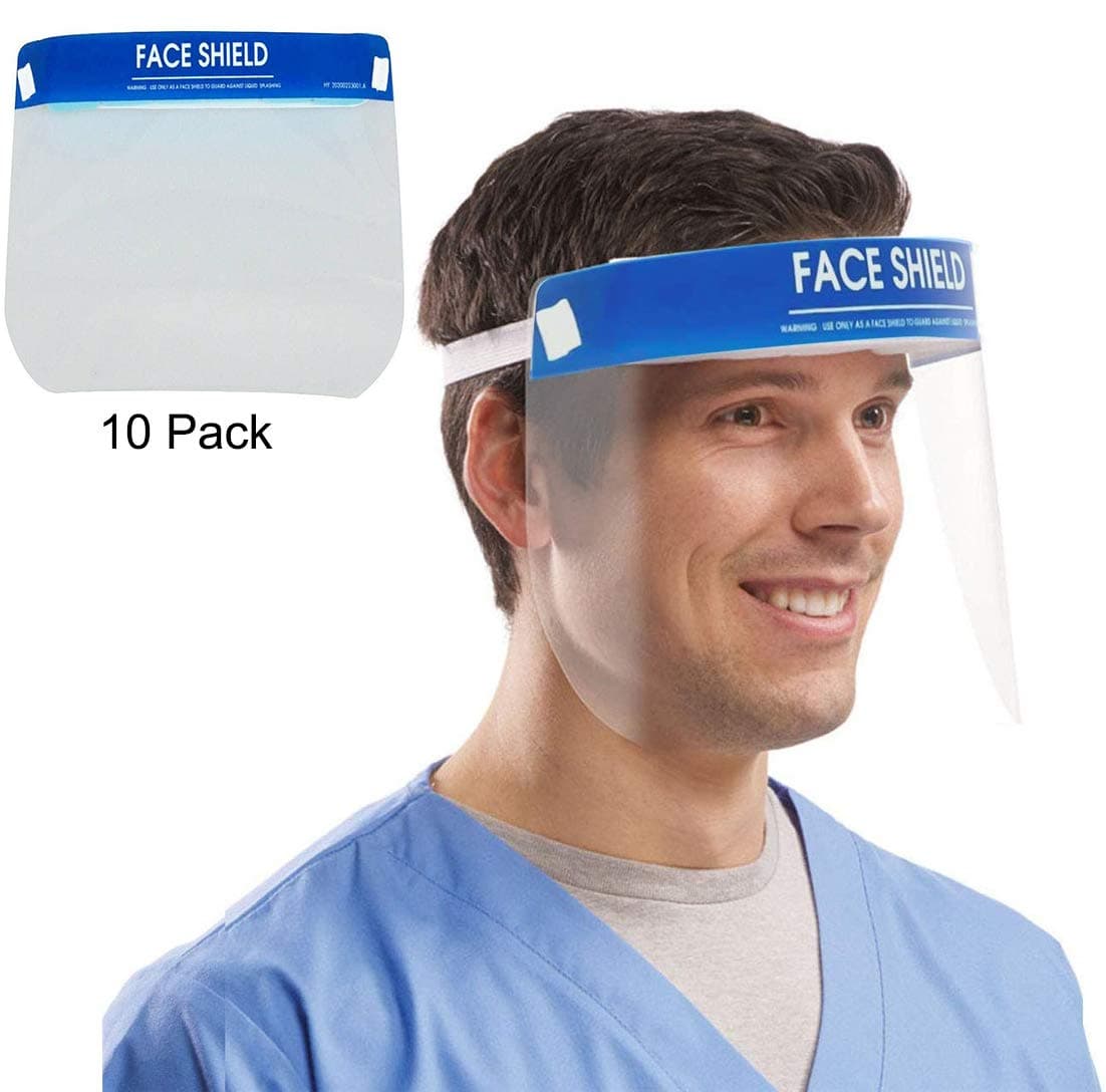 JFJL Face Shield Disposable Safety Shield Protect Eyes And Face From Air-Borne Droplets with Protective Clear Film Elastic Band And Comfort Sponge,10 Pack