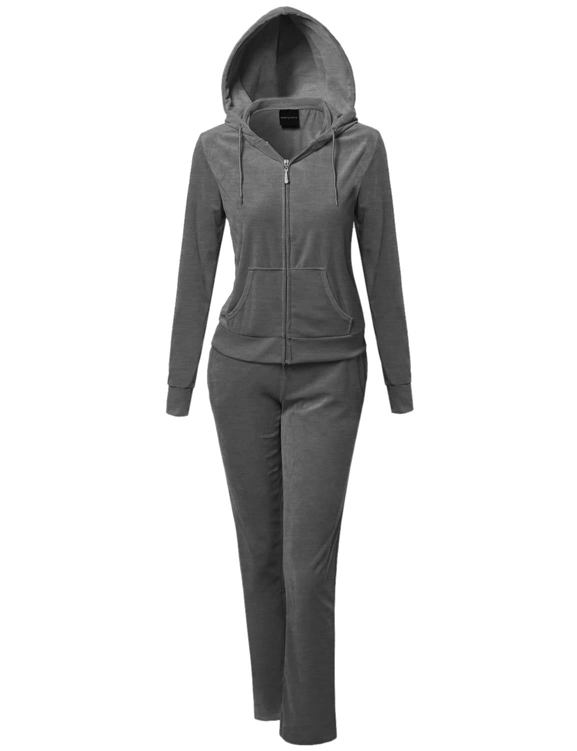 Women's Solid Soft Velour Zip-Up Hoodie Workout Sweatpants Set