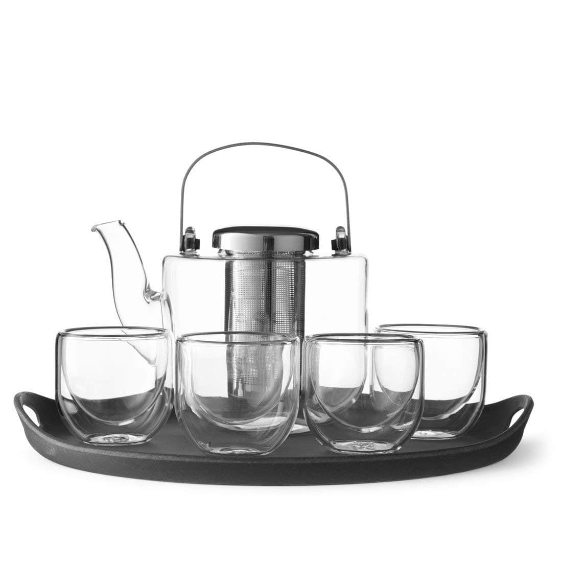 Tea Set Glass: teapot with Strainer, 4 Small Tea Cups Made of Borosilicate Glass and Serving Tray Grey, Dishwasher Safe, drip-, 0.75 L