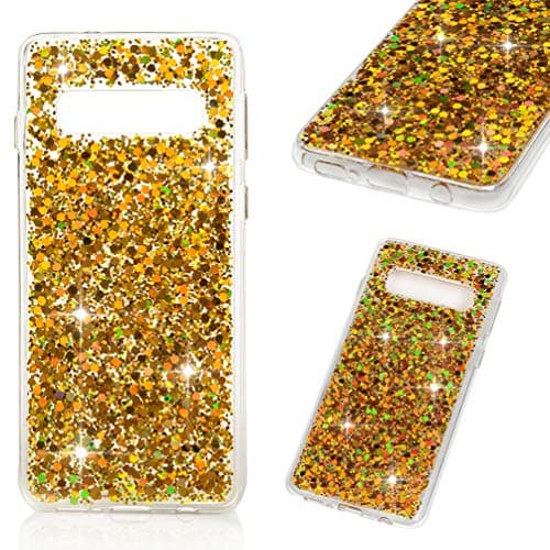 Galaxy S10 Plus Case, Crystal Clear Bling Shiny Glitter Shimmer Pieces Drop Resistant Shockproof TPU Bumper Frame Acrylic Shell Shock Absorption Ultral Slim Cover for Samsung Galaxy S10+ - Gold