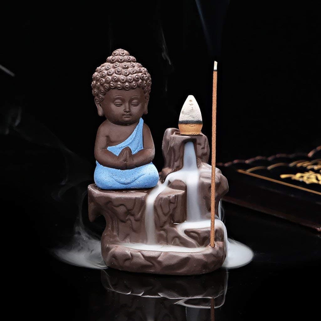 LuvBells™ Meditating Monk Buddha Smoke Back Flow Cone Decorative Incense Holder (Blue)