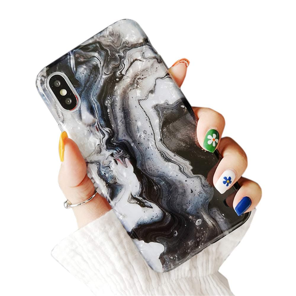 Dailylux Case for iPhone XS Max 6.5 Inch 2018, Cute Phone Case Glitter Pearly-Lustre Slim Shell Protective Soft TPU Back Cover for Girls Women, Marble Black