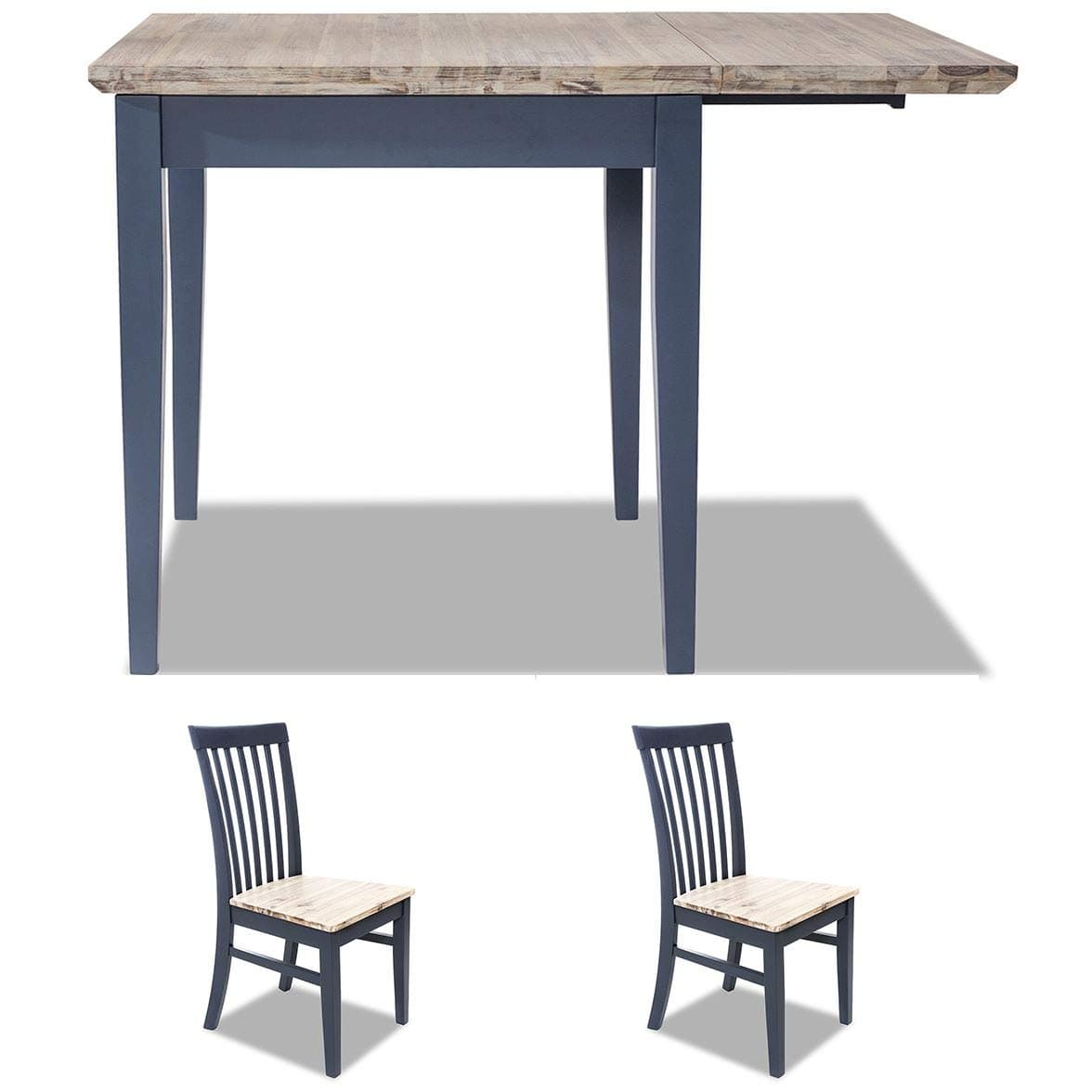 Florence navy blue square kitchen table with 2 acacia seat chairs set. Solid wood kitchen dining table set.