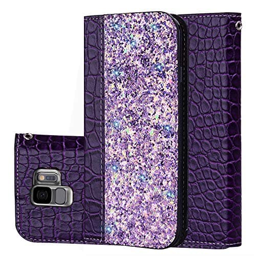 Lspcase Samsung S9 Case, Galaxy S9 Leather Flip Case Cover for Samsung Galaxy S9 [Card Slots] [Stand Feature] [Magnetic Closure Snap] - Purple Crocodile Pattern