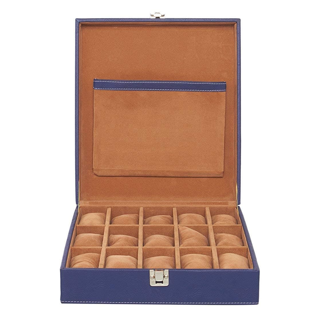 Leather World ® Leatherete Watch Box 15 Slots Both Small Large Dial Watches Fit Organizer Storage Boxes Case Men Womens BLUE