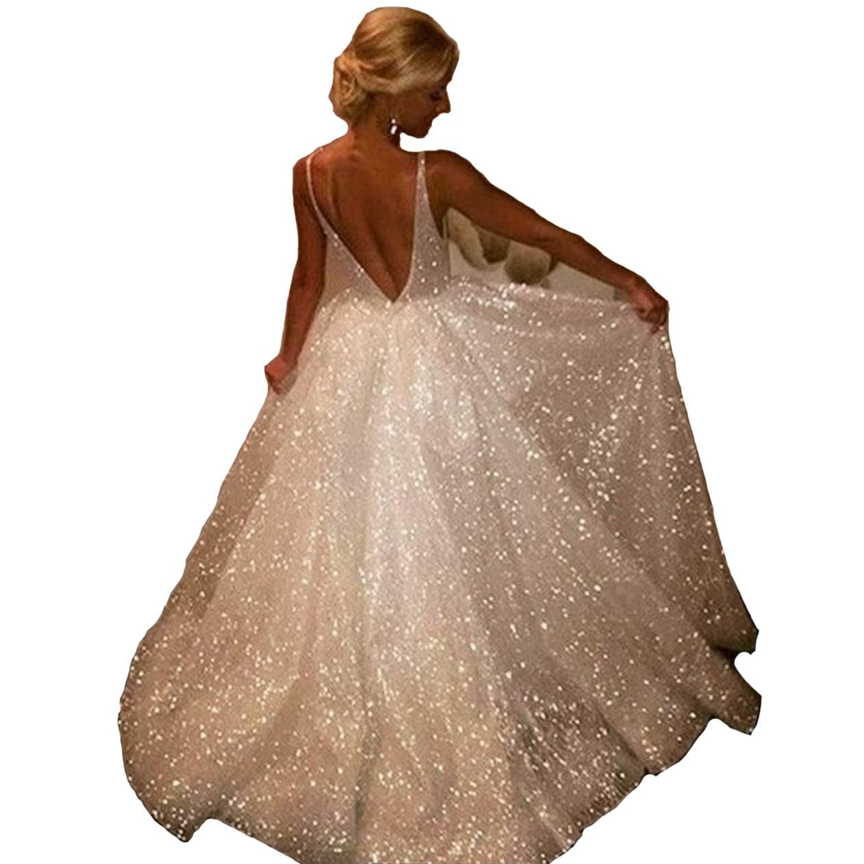 RYANTH Sparkly Ivory Evening Dress 2019 Charming Spaghetti Strap Backless Prom Party Gowns for Women