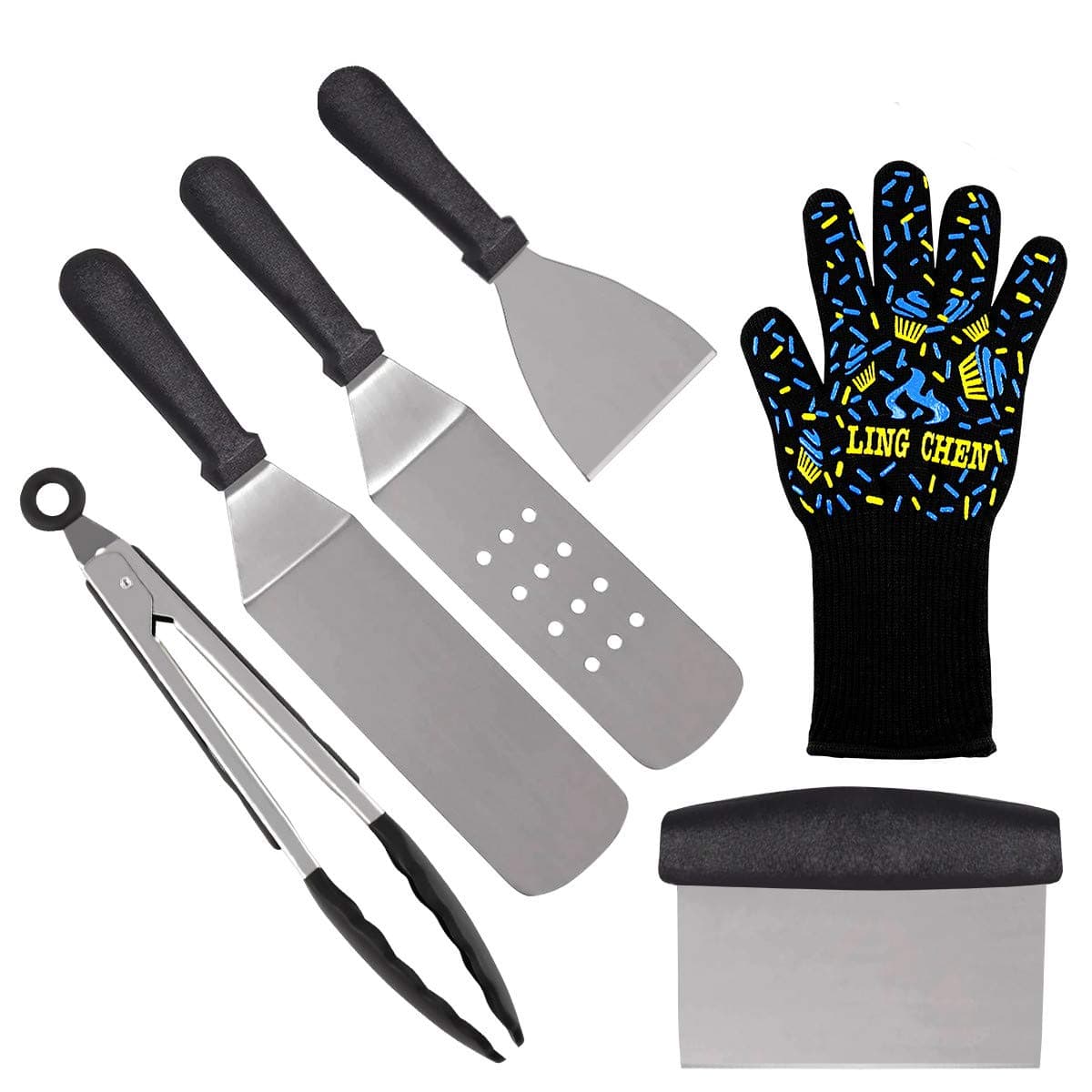 Conthfut 6Pcs Professional BBQ Griddle Accessories Kit with BBQ Heat Resistant Glove - Heavy Duty Stainless Steel Griddle Spatula Set for BBQ Grill, Flat Top Cooking, Camping and Tailgating