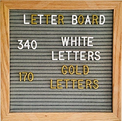 Felt Letter Board Grey 10x10 inches.Message Board with Plastic White & Gold Letters, Numbers, Punctuation Marks & Symbols - Oak Wood Frame with Wall Mount – Free Bag