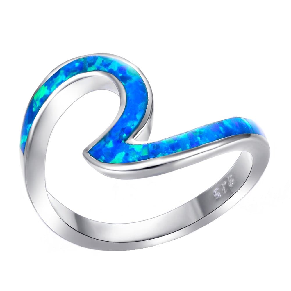 Angol 925 Sterling Silver Wave Ring for Women, Blue Opal Wave Ring Size 5/6/7/8/9/10, Cubic Zirconia Rings Wave Ring Blue with Unique Design