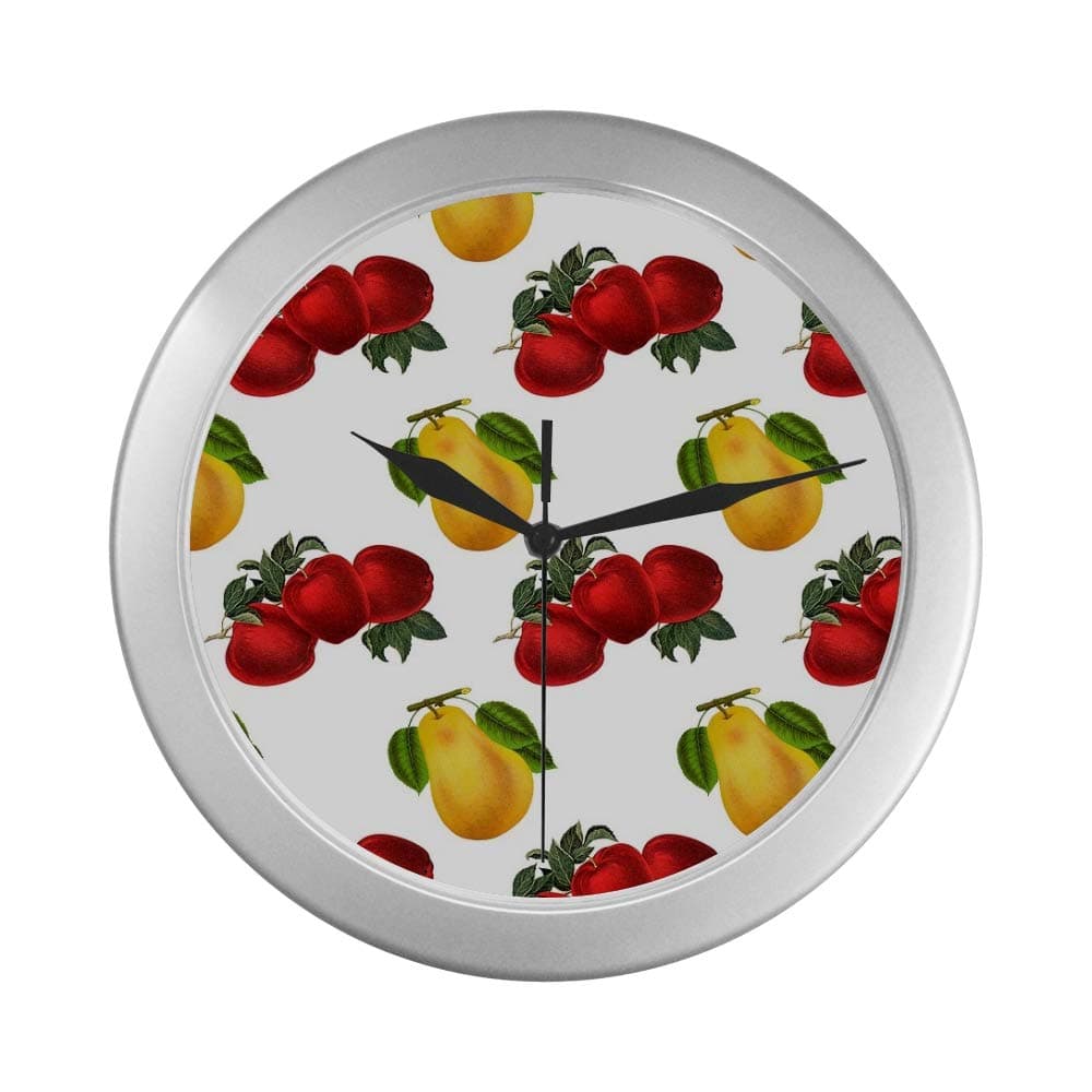 JOCHUAN Hanging Wall Clock Fruit Vintage Apple Pear Design Wall Classroom Clock 9.65 Inch Silver Quartz Frame Decor For Office/school/kitchen/living Room/bedroom