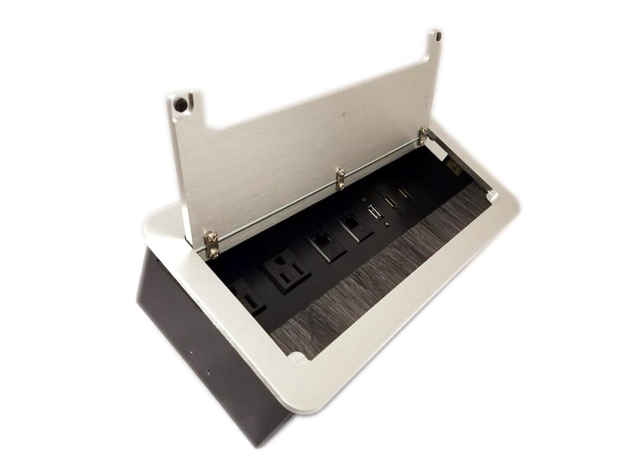 Yolkvisual Tabletop Multimedia Connectivity Box - 2 AC Power（US) + 2 RJ 45 + 2 HDMI + + 1 USB, no cables, SILVER