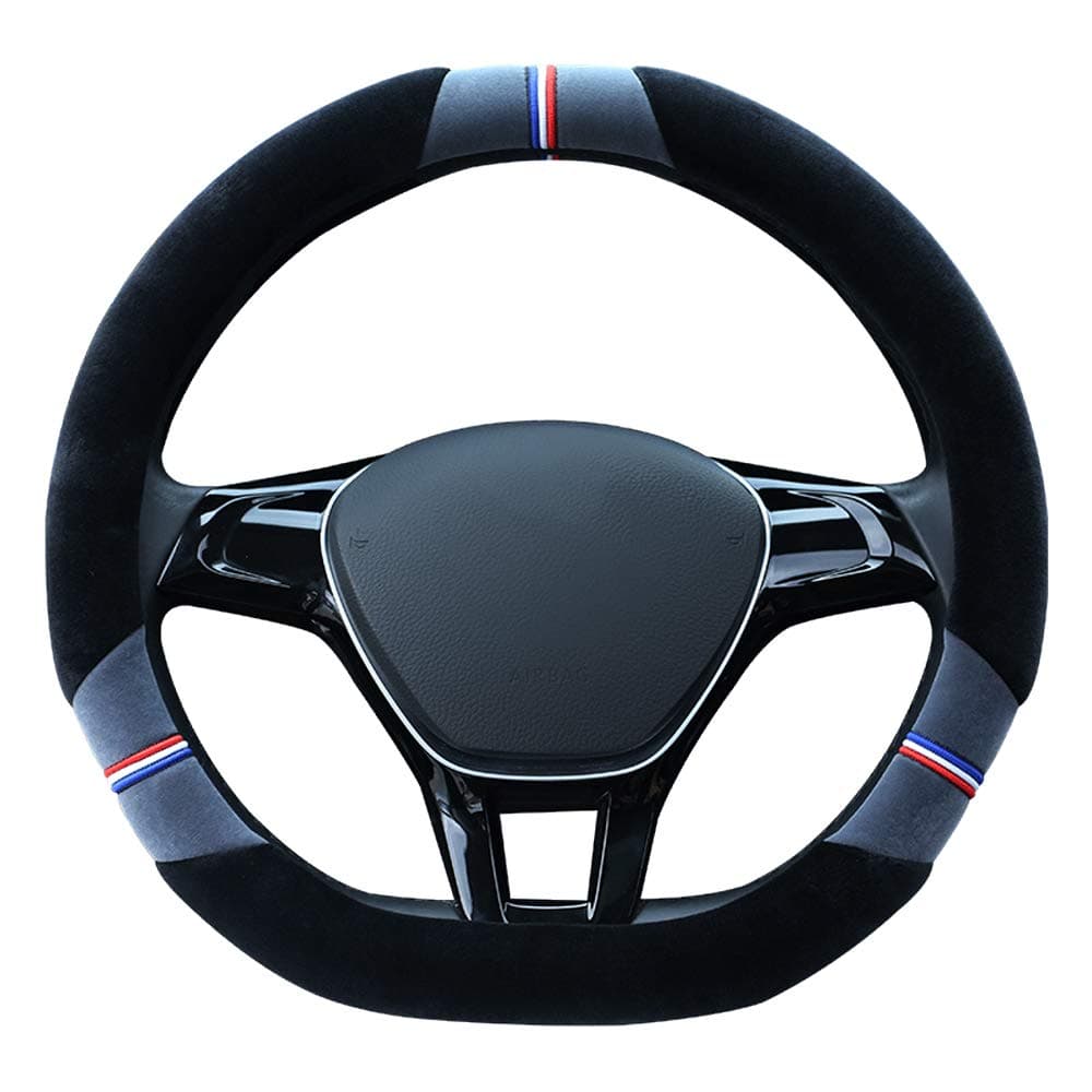 GAOQQ Plush Steering Wheel Cover, D-Type Car Special Five-Color Series to Send Gear Set + Hand Brake Cover,Grey-38CM