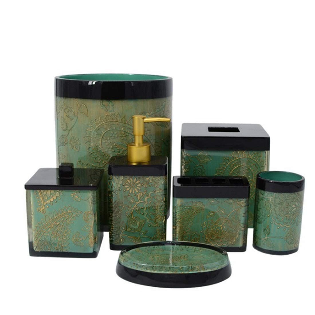 WEATLY Creative 7 Piece Bathroom Ensemble Accessory Set Resin European Style Bath Accessories Bath Set Lotion Bottles, Toothbrush Holder, Tumbler, Soap Dish,Paper Facial Tissue Box, Trash Can And Cott