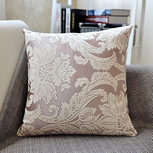 MochoHome Decorative Chenille Jacquard Euro Square Throw Pillow Cover Case Pillowcase Cushion Sham - 22" x 22", Light Coffee with Flower