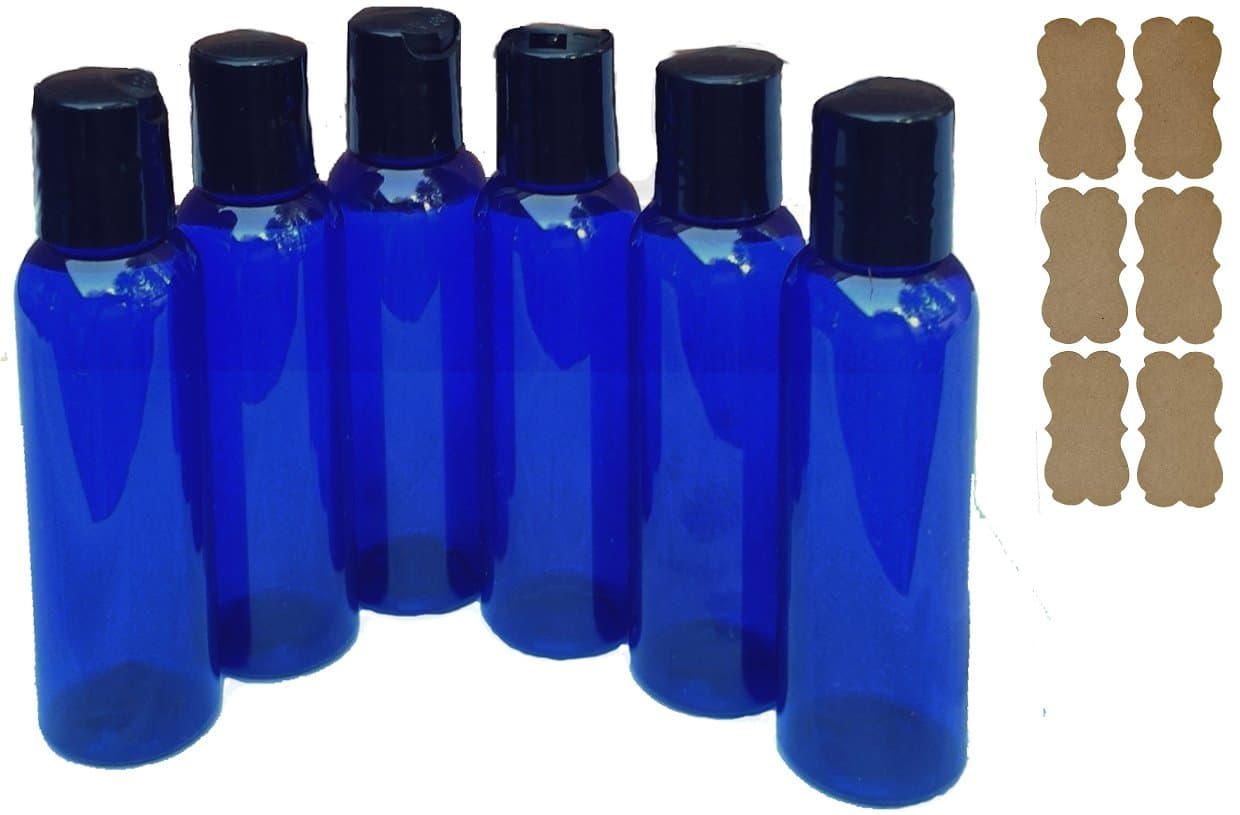 SanDaveVA 2 oz Plastic  Bottles  Blue Durable and Reuseable PET Plastic Qty 6 w/Smooth Black Disc Top Caps 2oz  60ml  Plus Kraft Labels