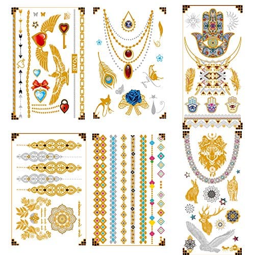 Premium Metallic Temporary Tattoos - 75+ Designs in Gold and Silver fake tattoos - Shimmer Jewelry Henna Tattoo - Wrist and Arm Bands