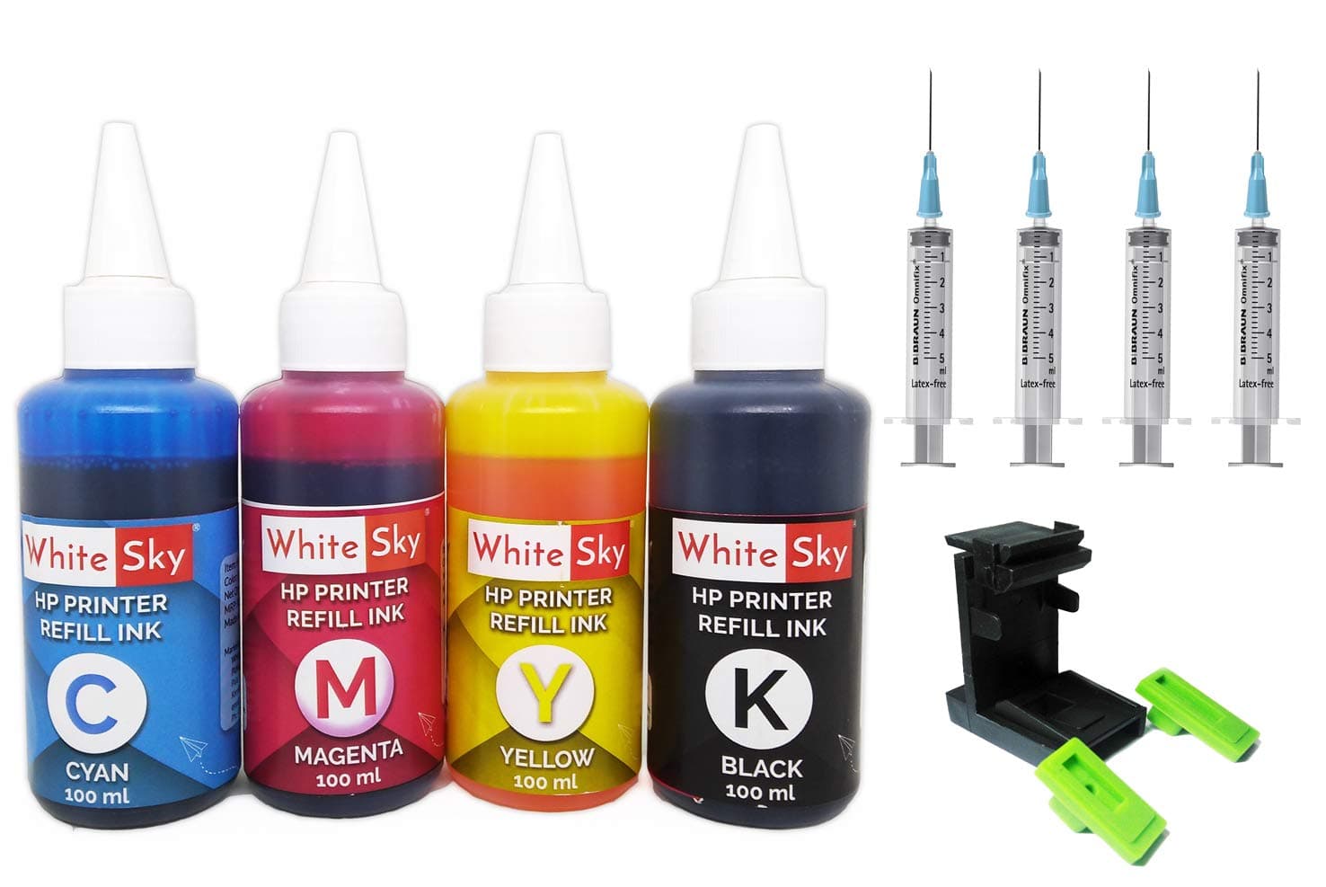 White Sky Refill Ink for HP Printer Cartridges with Suction Tool (100ml x 4) for HP 680, 678, 803, 802, 818, 685, 46 (Compatible 400ml)