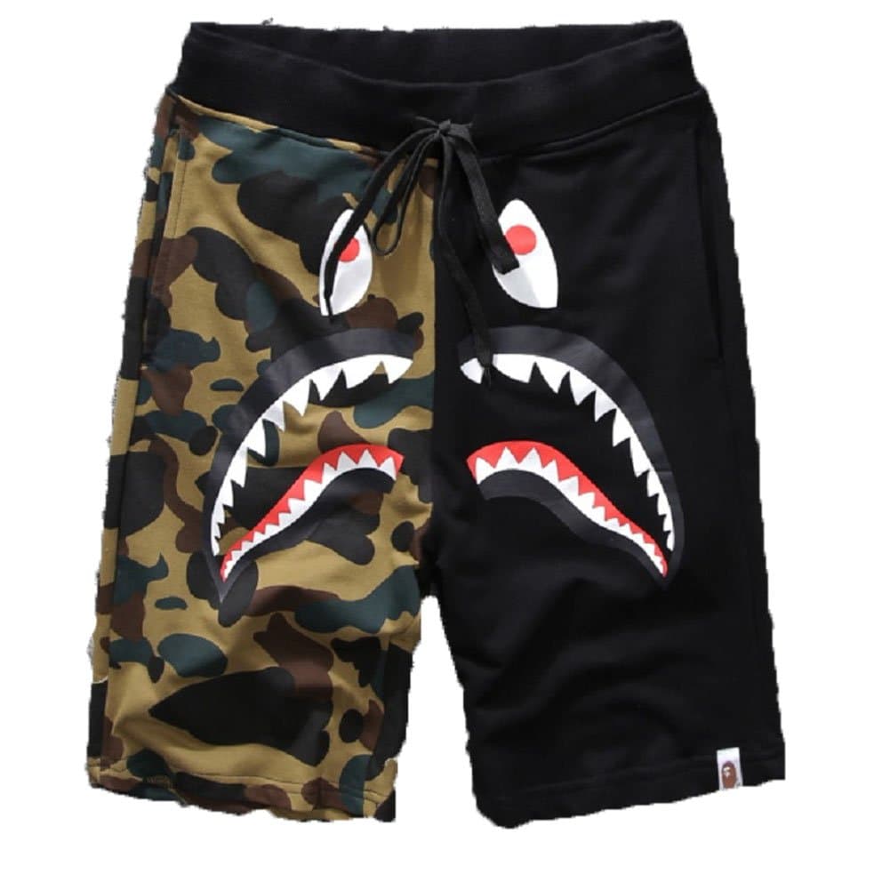 Athletic Pants Shark Pattern Camouflage Stitching Shorts Men Drawstring Sports Shorts