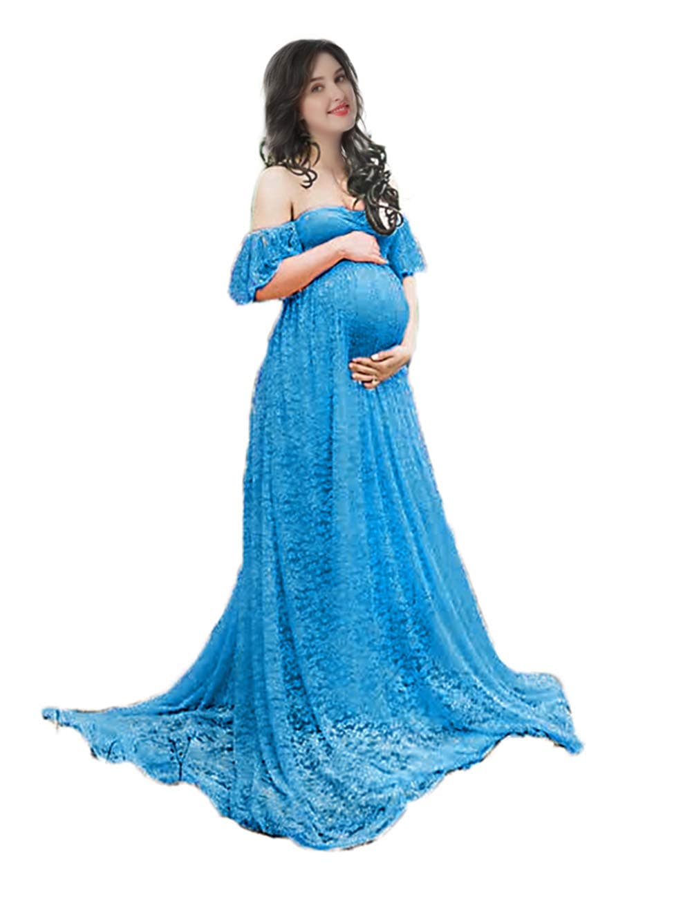 Women's Off Shoulder Ruffle Sleeve Lace Maternity Gown Plus Maxi Photography Dress